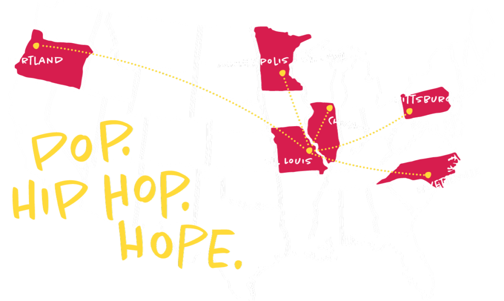 map of all the cities BOOST is in. Text say Pop, Hip Hop and Hope